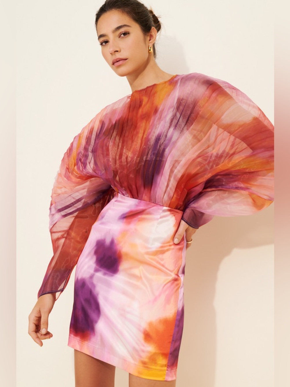 Andrea Iyamah Odi Dress M Dandi Pleated Organza Watercolor Mini NWT Resortwear